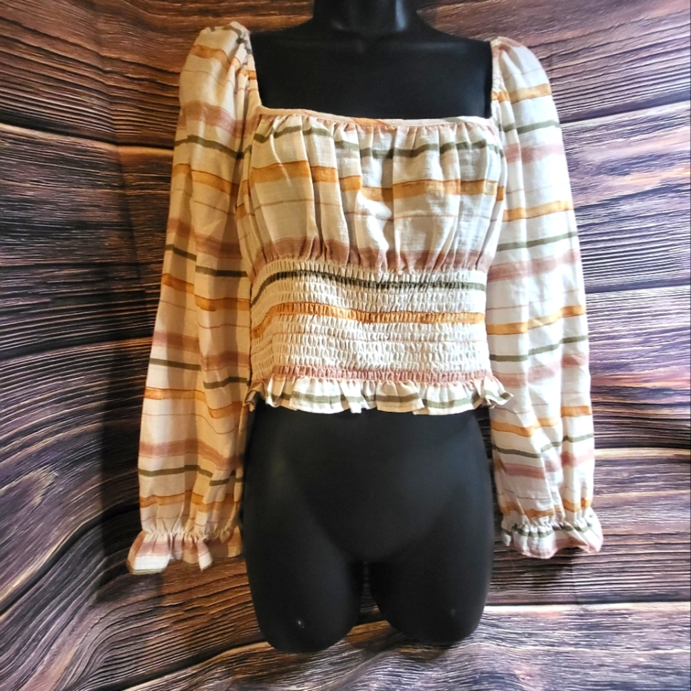 NWT Grade&Gather Crop Top SZ Medium Brown Stripes 100% Cotton